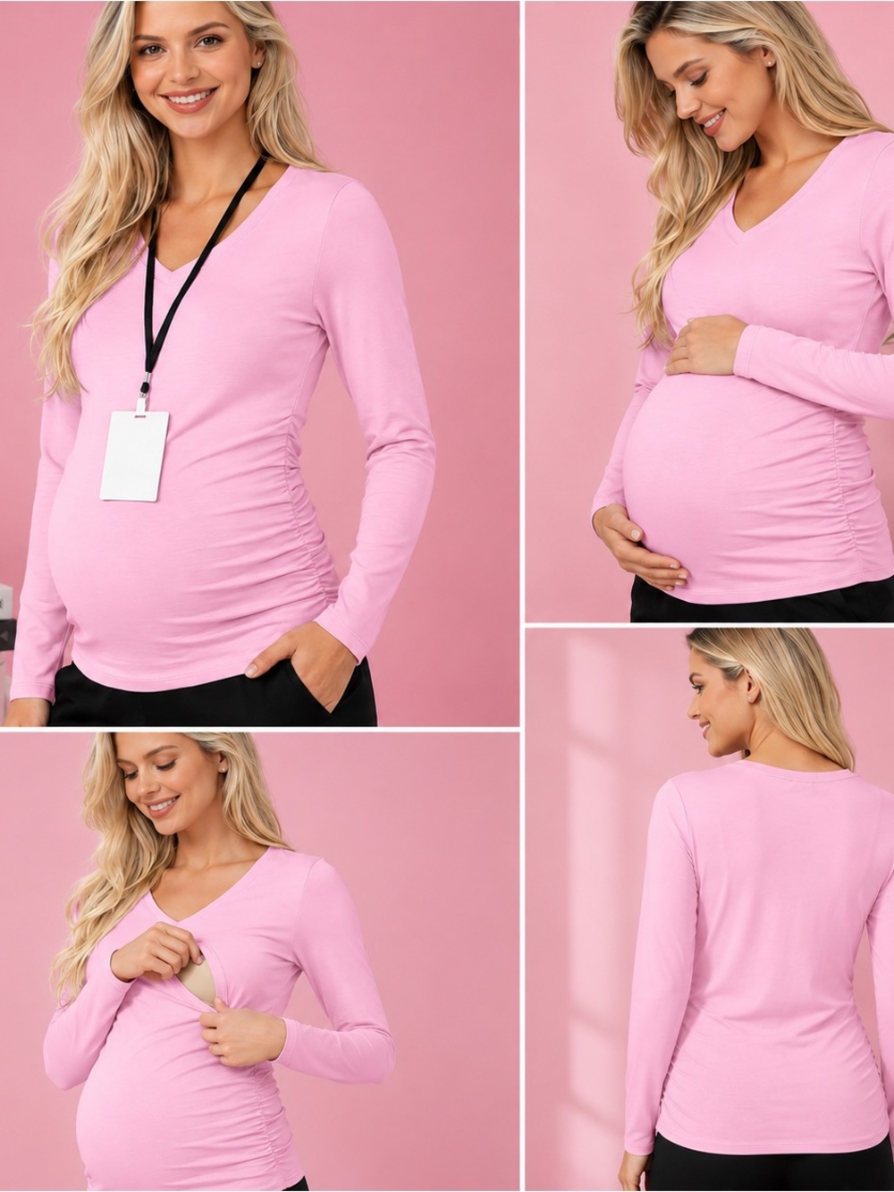 Neer 4-Pack Maternity (Multi-Color) V-Neck Long Sleeve Shirts | Size: Large